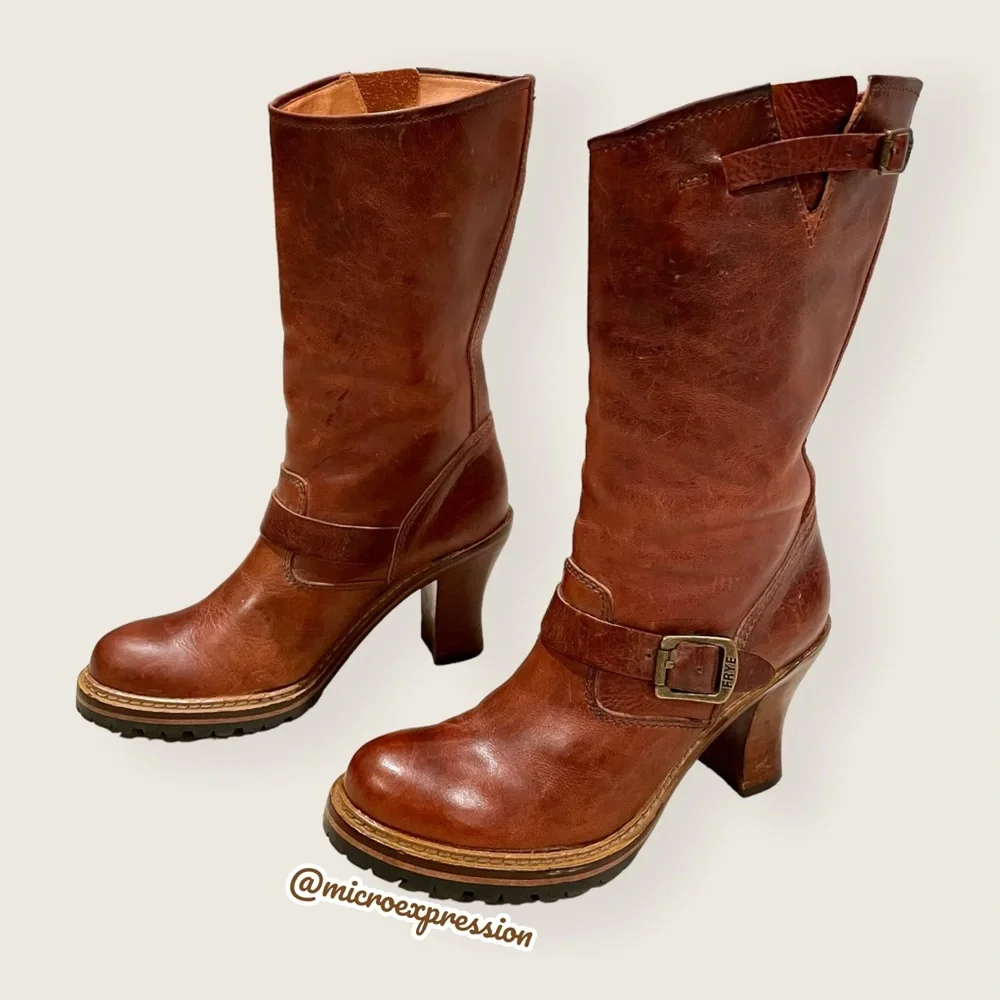 $388 Frye Mildred Brown English Engineer Leather Buckled Heeled Riding Boots
